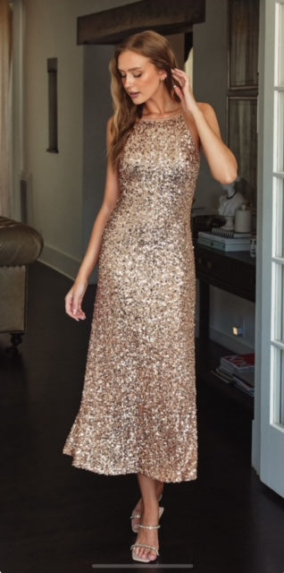 Champagne Sequin Open Back Dress