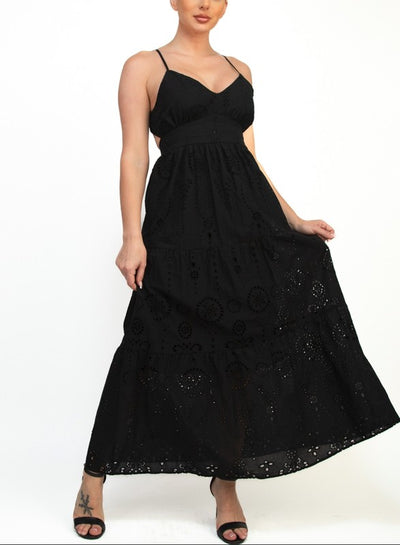 Eyelet Sweetheart Back-Tie Maxi Dress