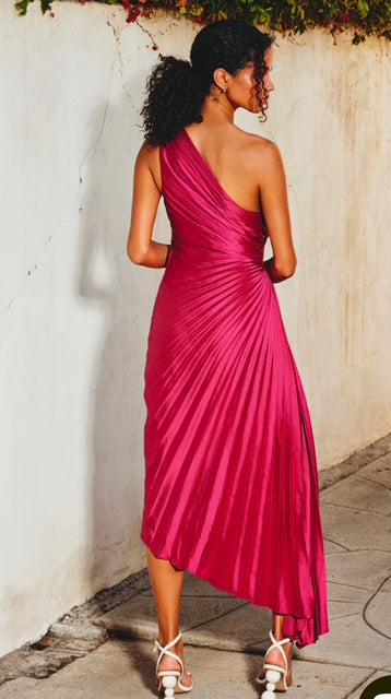 Olympia Asymmetrical Pleated Maxi Dress