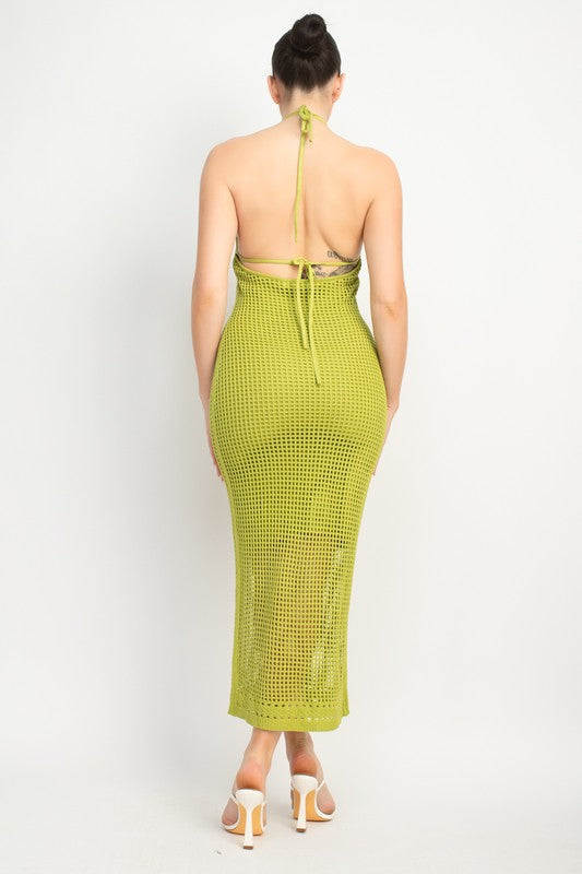 Halter Style Glam Midi Dress in Chartreuse