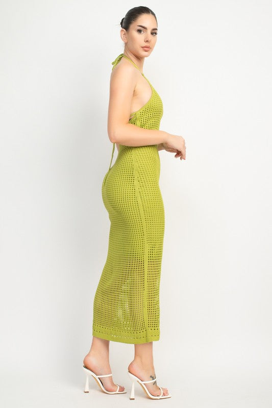 Halter Style Glam Midi Dress in Chartreuse