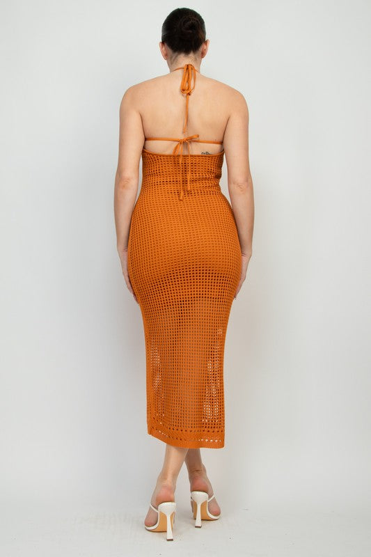 Halter Style Glam Midi Dress in Rusty Gold