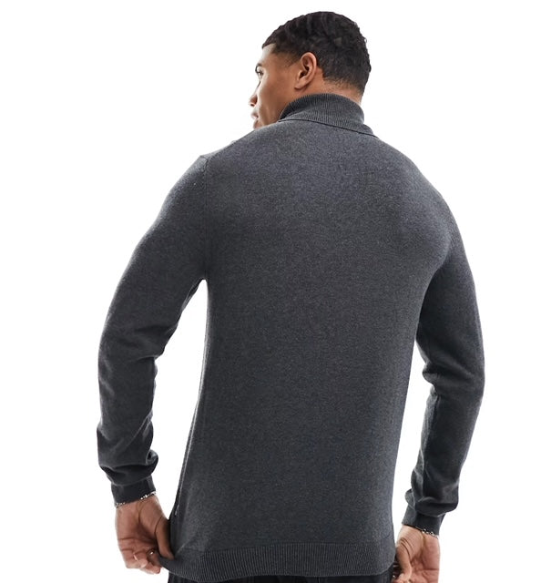 Men's Knitted Roll Neck Sweater in Dark Gray