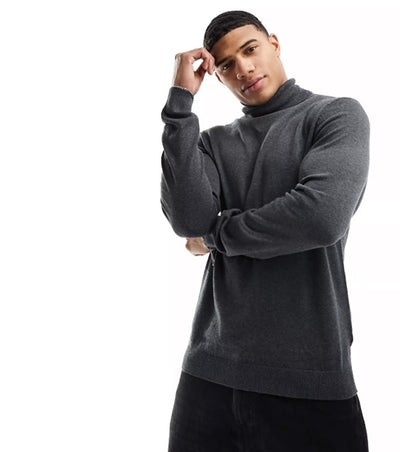 Men's Knitted Roll Neck Sweater in Dark Gray