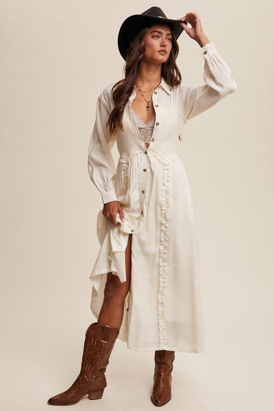 The Smocked Bodice Button Down Maxi Dress -Aly