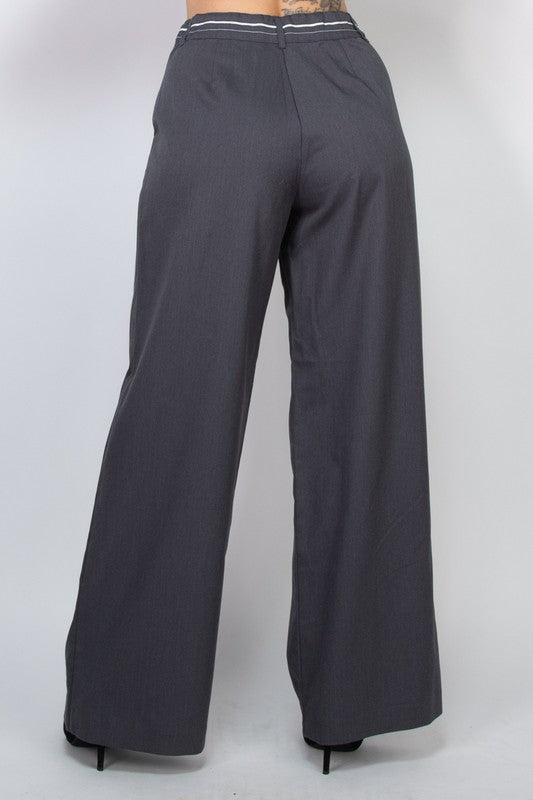 Pintuck Woven Wide Leg Pants in Grey