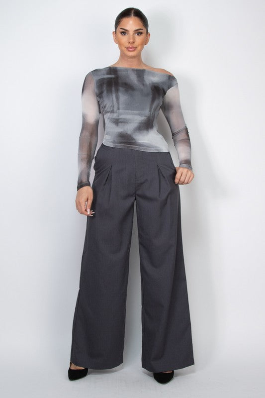 Pintuck Woven Wide Leg Pants in Grey